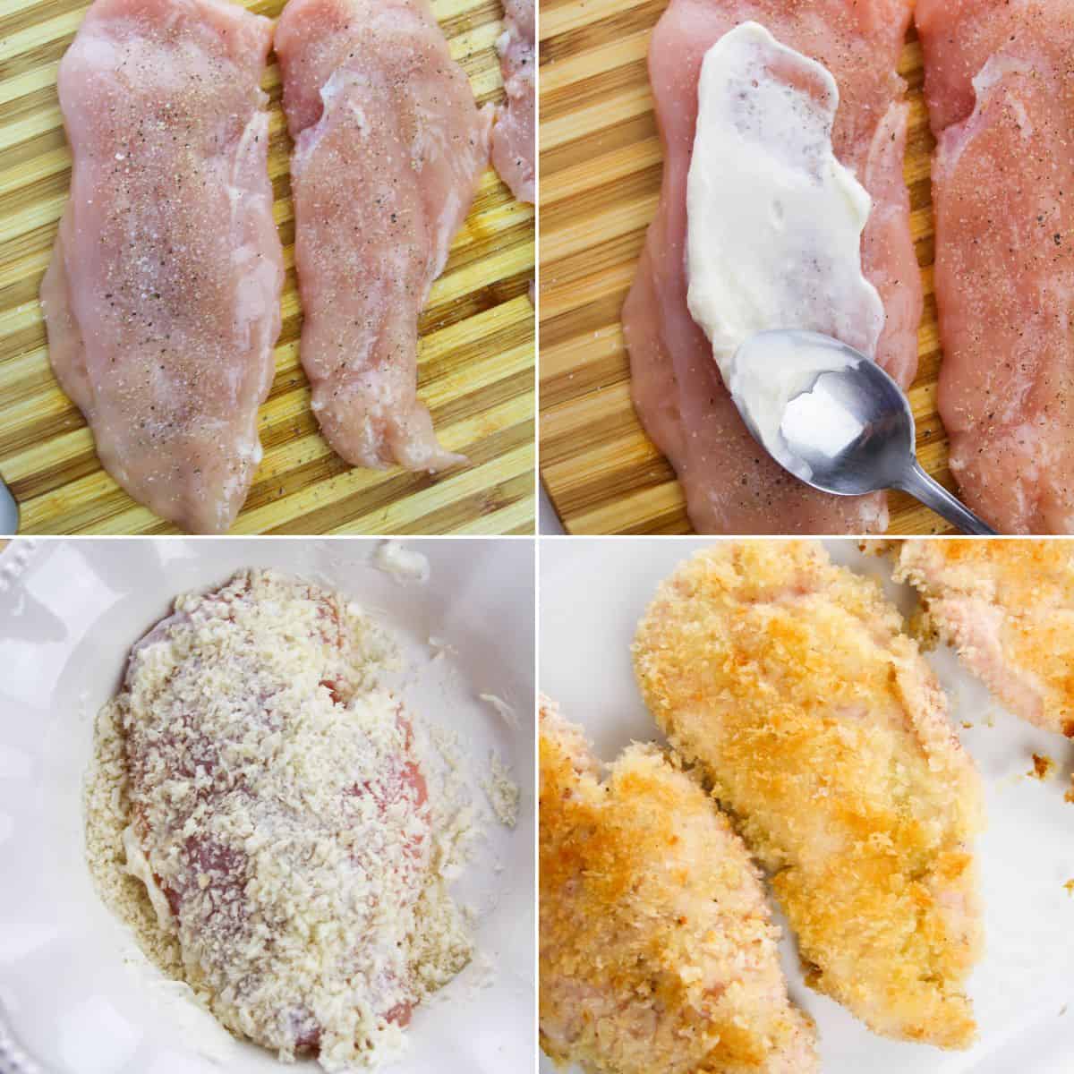 Four-step  process: start with raw seasoned chicken, spread mayonnaise, coat with breadcrumbs, and finish with perfectly baked chicken cutlets.