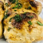 A dish of chicken with white barbecue sauce.