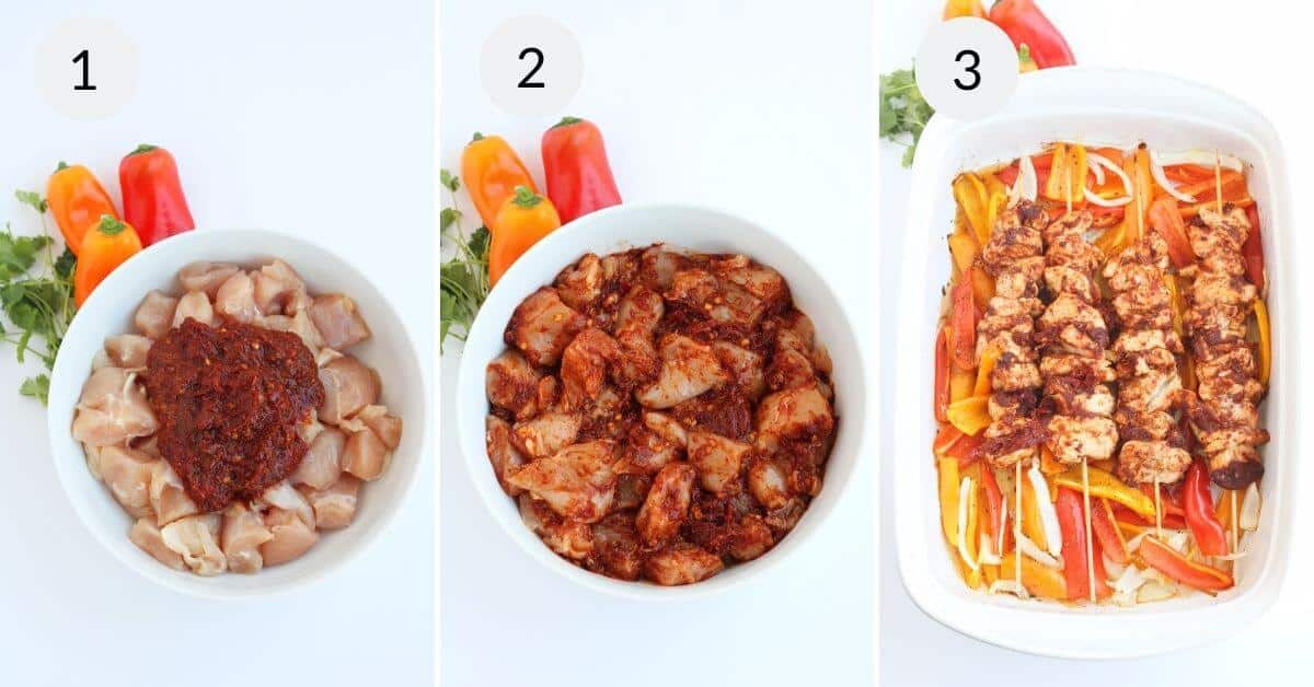 Three-step chicken fajita preparation. 1: Raw chicken chunks with chili paste. 2: Marinated chicken. 3: Cooked chicken and vegetables in a baking dish, similar to oven chicken kabobs. Peppers and cilantro garnish the background.