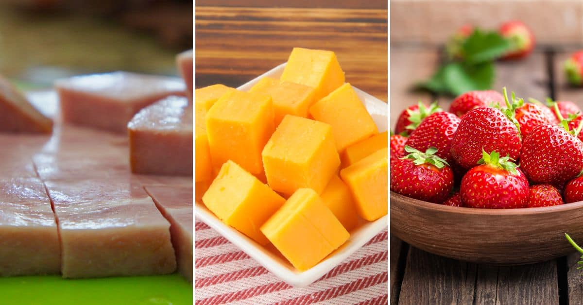 An easy charcuterie board showcases sliced ham, cheddar cheese cubes, and a bowl of strawberries across three appealing panels.