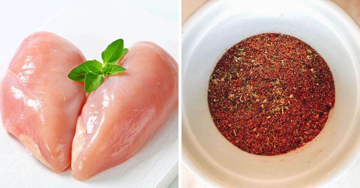 Two raw chicken breasts and spices.