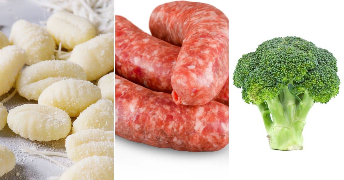 Three food items—uncooked gnocchi, raw Italian sausage with gnocchi, and a head of fresh broccoli—are each shown against a plain background.
