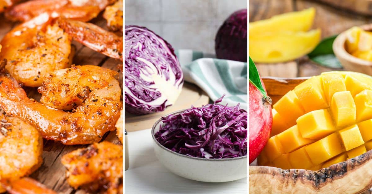 Grilled shrimp, a bowl of shredded red cabbage, and sliced mango are shown side by side in a split-panel image, highlighting fresh ingredients for Shrimp Tacos with Mango Salsa.