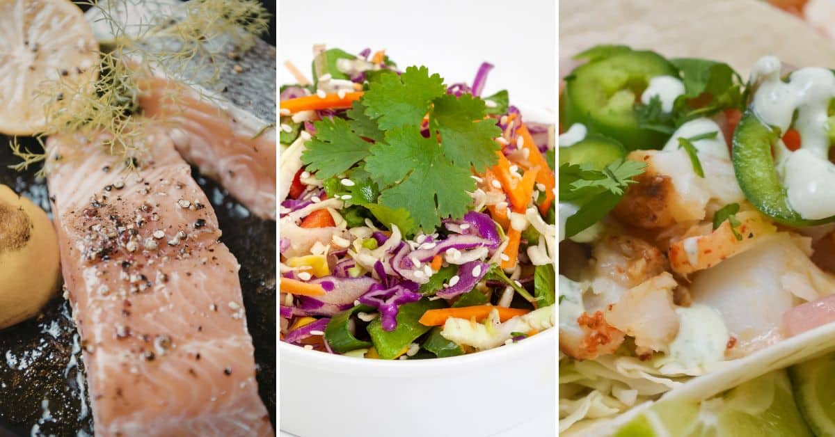 Three images of food: raw seasoned salmon with dill, a colorful mixed salad with cilantro, and shrimp and fish tacos with cod topped with sliced jalapeño and creamy sauce.