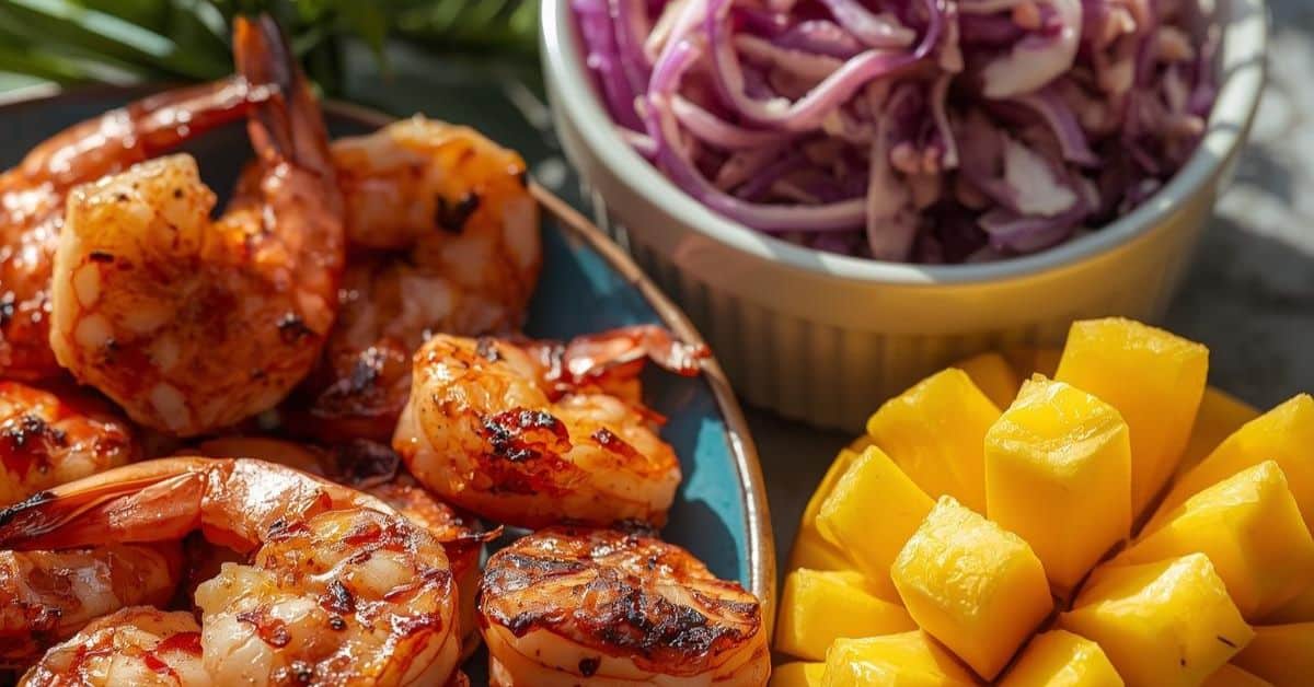 Grilled shrimp on a plate next to a bowl of shredded purple cabbage and a serving of diced mango—perfect ingredients for Shrimp Tacos with Mango Salsa.