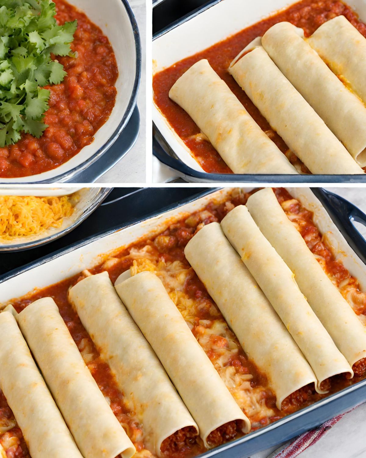 Step-by-step preparation of cheesy chicken enchiladas: cilantro beside salsa, tortillas filled with ingredients above salsa in a dish, completed dish ready for baking.
