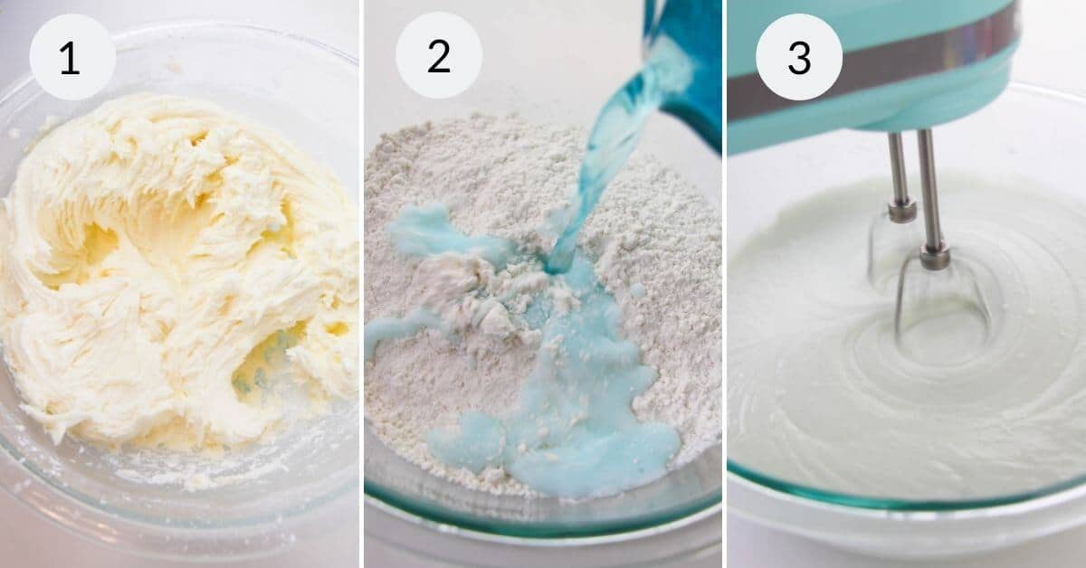 Step-by-step images: 1) Creamed butter in a bowl. 2) Liquid poured into dry ingredients for a delightful Cotton Candy Cake. 3) Mixture blended with an electric mixer, creating a sweet symphony of flavors.