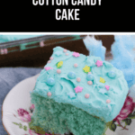 A slice of enchanting cotton candy cake with frosting adorned by candy stars and pearls, served on a floral plate.