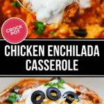 A close-up of Crockpot Chicken Enchilada Casserole topped with melted cheese, sour cream, black olives, and cilantro. A spoon holds a portion above the dish.