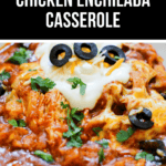 A bowl of Crockpot Chicken Enchilada Casserole topped with sour cream, cheese, olives, and cilantro.