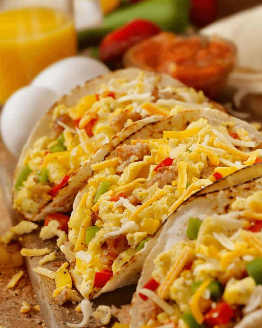 A tray of egg and sausage tacos.