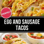 Egg and sausage tacos with cheese and diced vegetables, accompanied by lime slices and condiments on a wooden table.