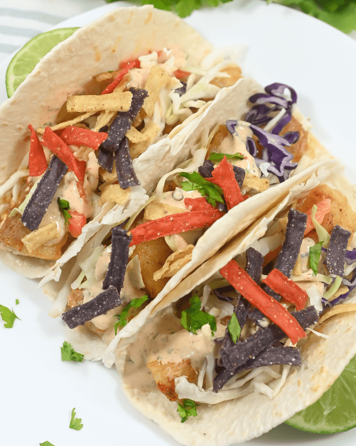 Baja fish tacos with cabbage slaw and chipotle sauce garnished with tortilla strips and cilantro.