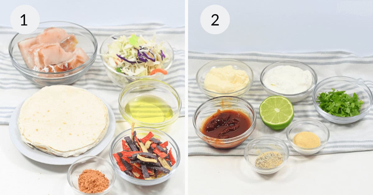 Ingredients for a baja tacos recipe laid out in two groups on a striped cloth, indicating two steps in the preparation process.