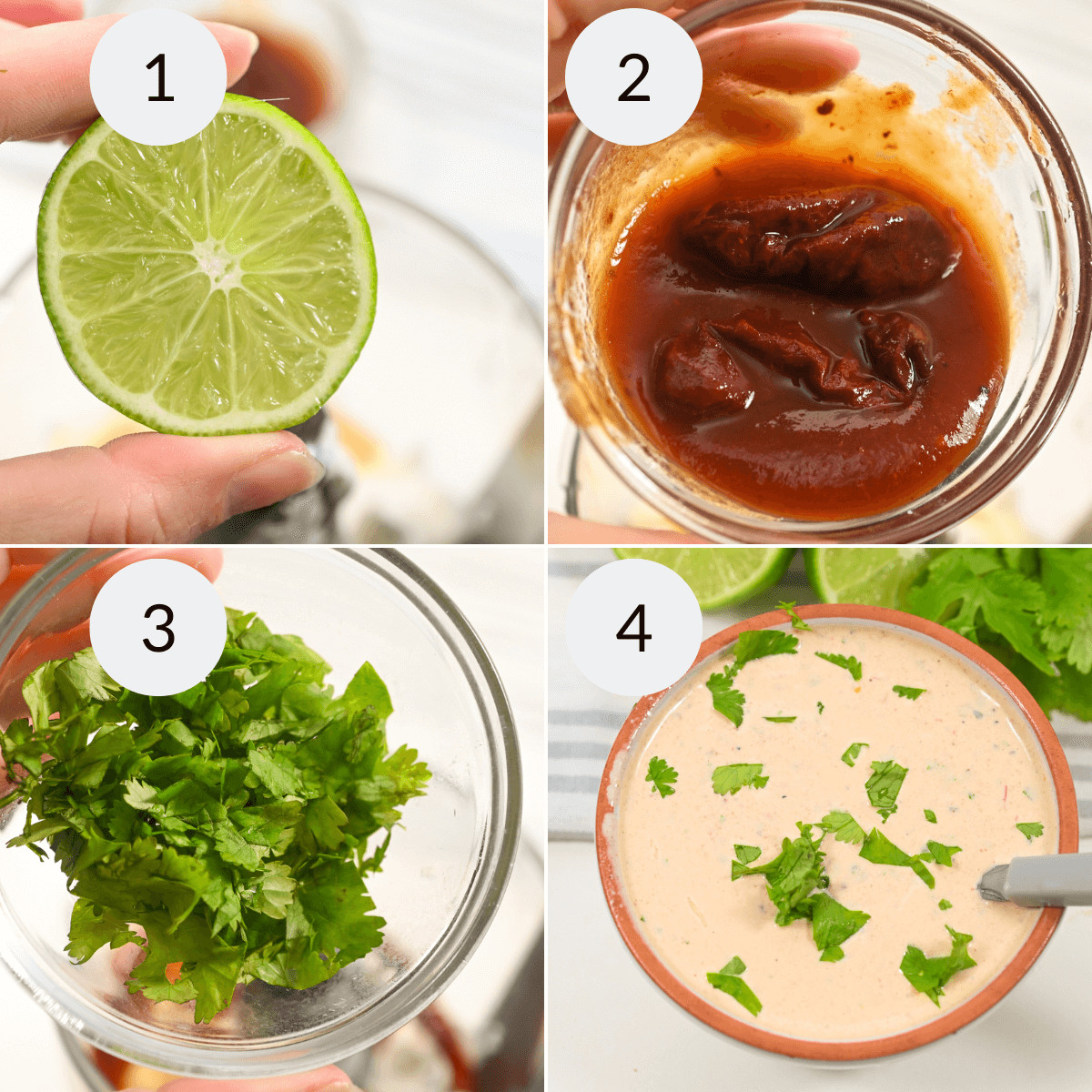 Four-step preparation process showcasing ingredients for a Baja tacos recipe: 1) a hand holding a slice of lime, 2) a bowl of sauce with chipotle peppers, 3) fresh