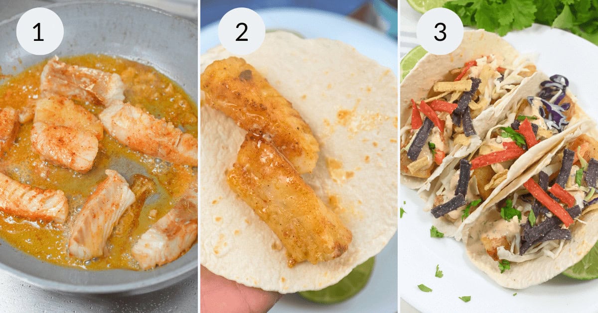 Three-step food preparation process showing the meal with toppings.