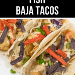 Spicy baja tacos garnished with purple cabbage and tortilla strips.