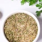 A white dish with the garlic and herb seasoning blend i mixed in it
