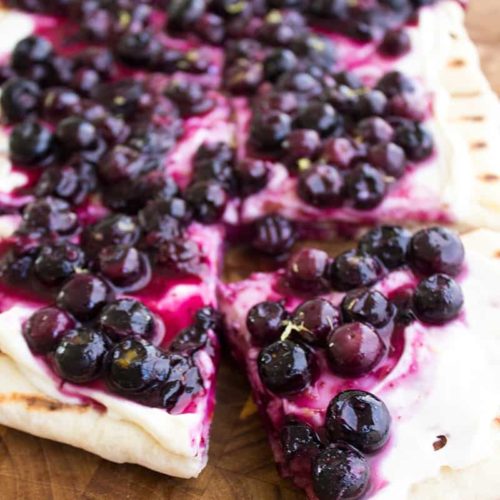 Delicious grilled blueberry dessert pizza