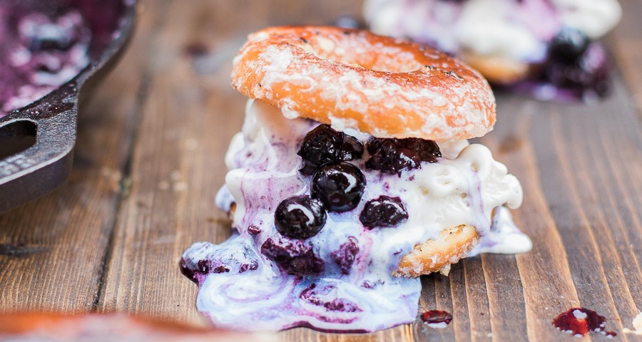 A delicious, melting Grilled Donut Ice Cream Sandwich