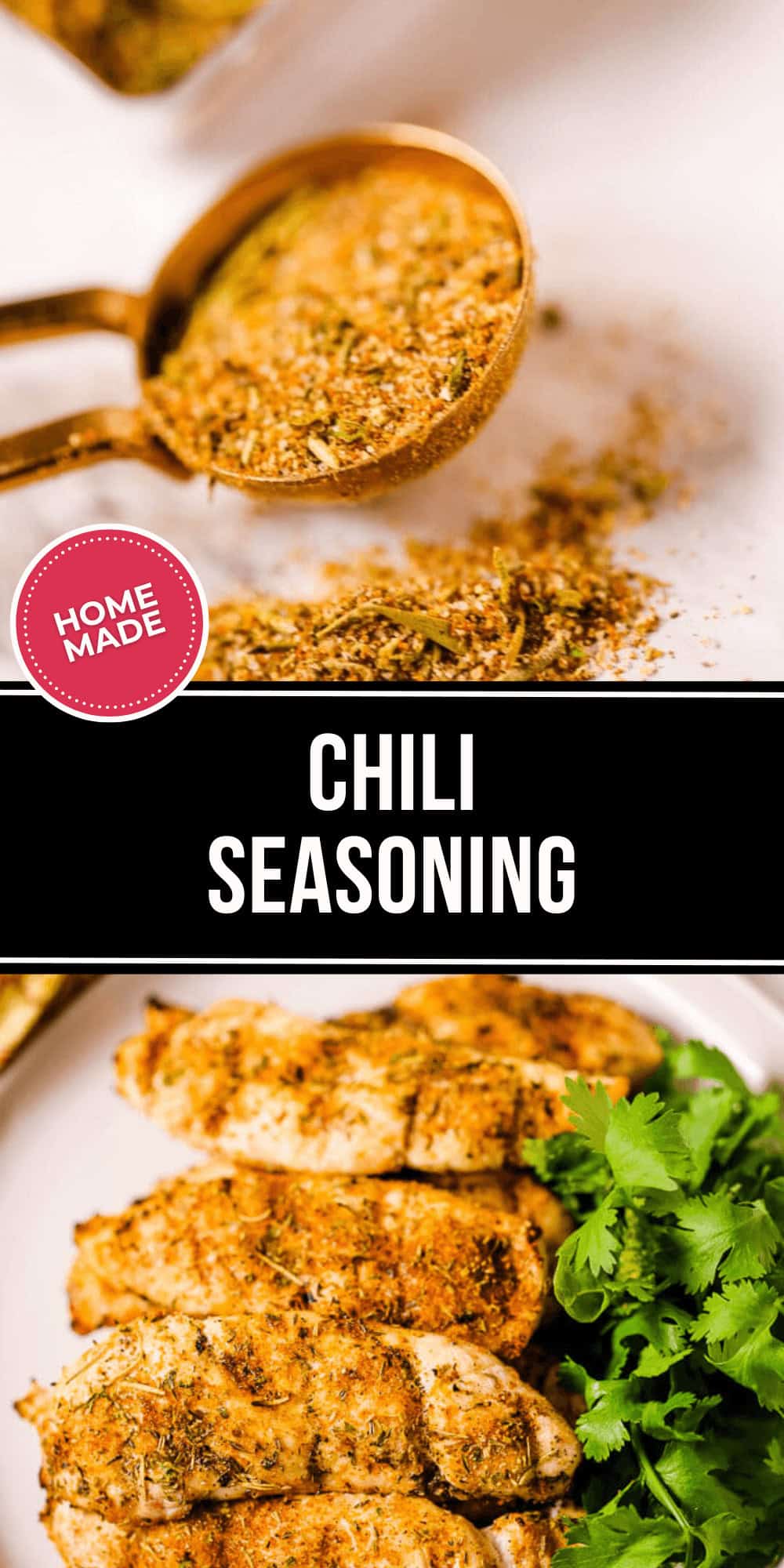 A spoon with our signature Homemade Chili Seasoning and a plate of seasoned grilled chicken garnished with cilantro, featuring a "Homemade Chili Seasoning" label.