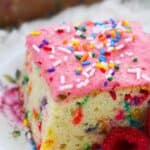 A vibrant slice of confetti cake with pink frosting and rainbow sprinkles rests elegantly on a floral plate, garnished with raspberries.