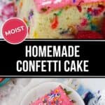 A slice of homemade confetti cake, adorned with pink frosting and colorful sprinkles, is served alongside fresh raspberries on a charming floral plate.