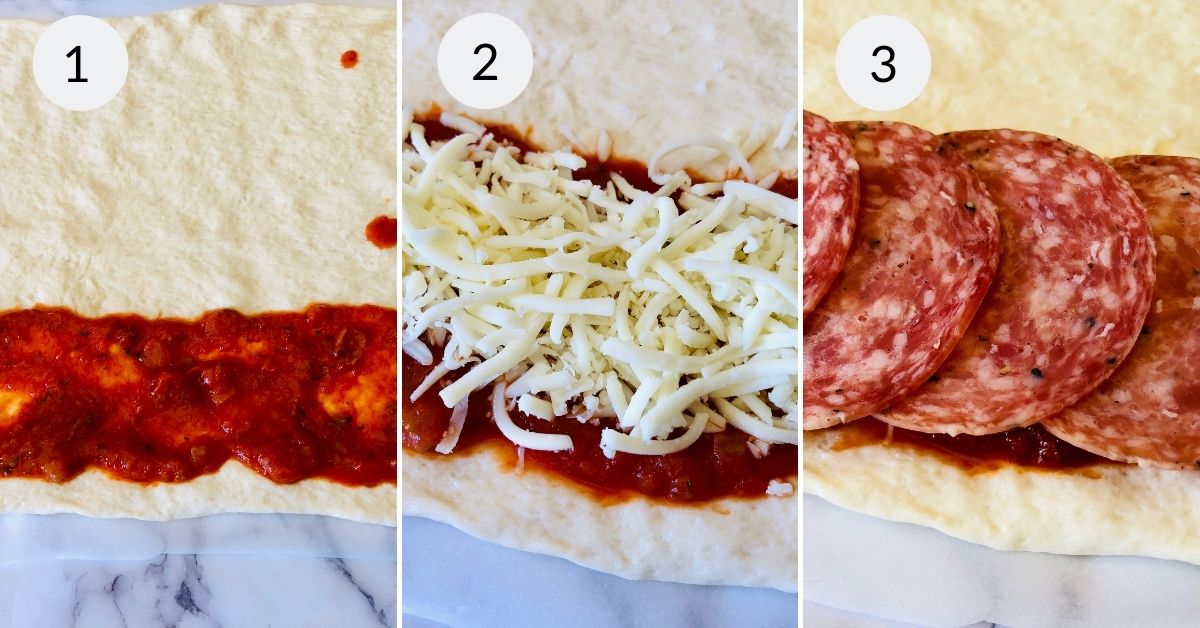 Three images showing steps to make an Italian Stromboli on a tortilla: 1) tortilla with sauce, 2) adding shredded cheese, 3) topped with salami slices.