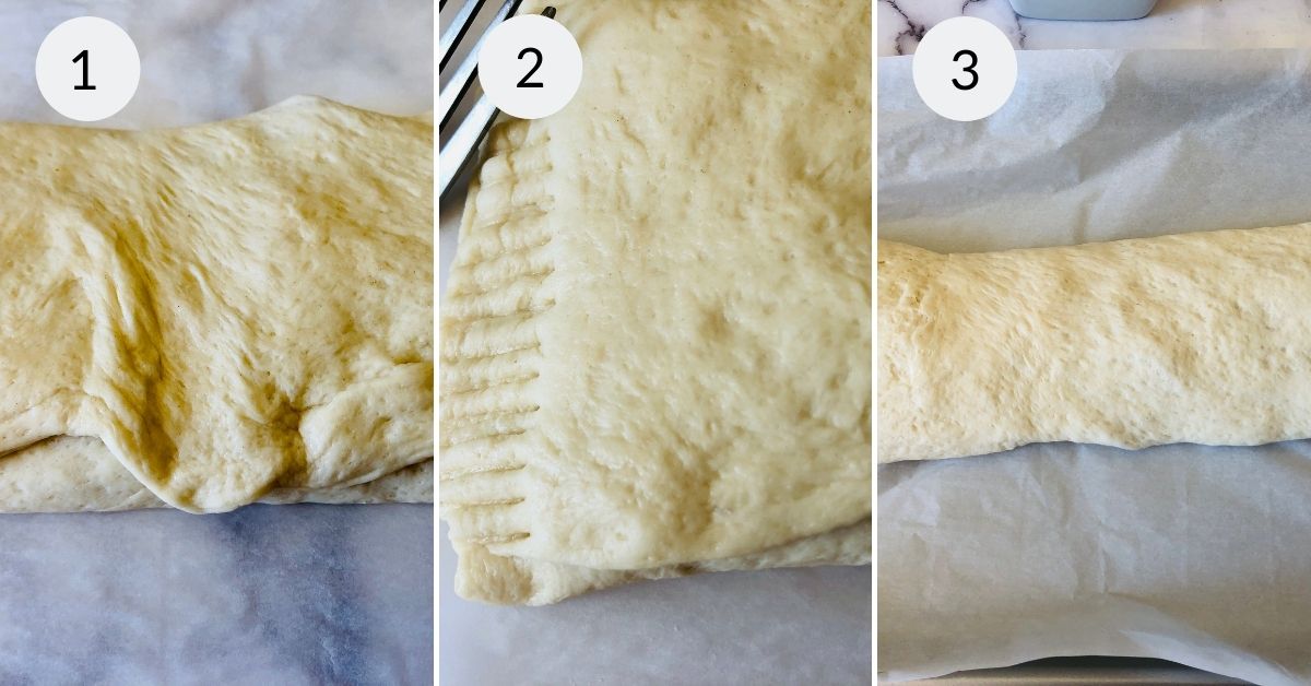 Three sequential images showing the process of folding Italian Stromboli dough: the first image shows an unfolded piece, the second shows it partially folded with fork marks, and the third fully folded on parchment.