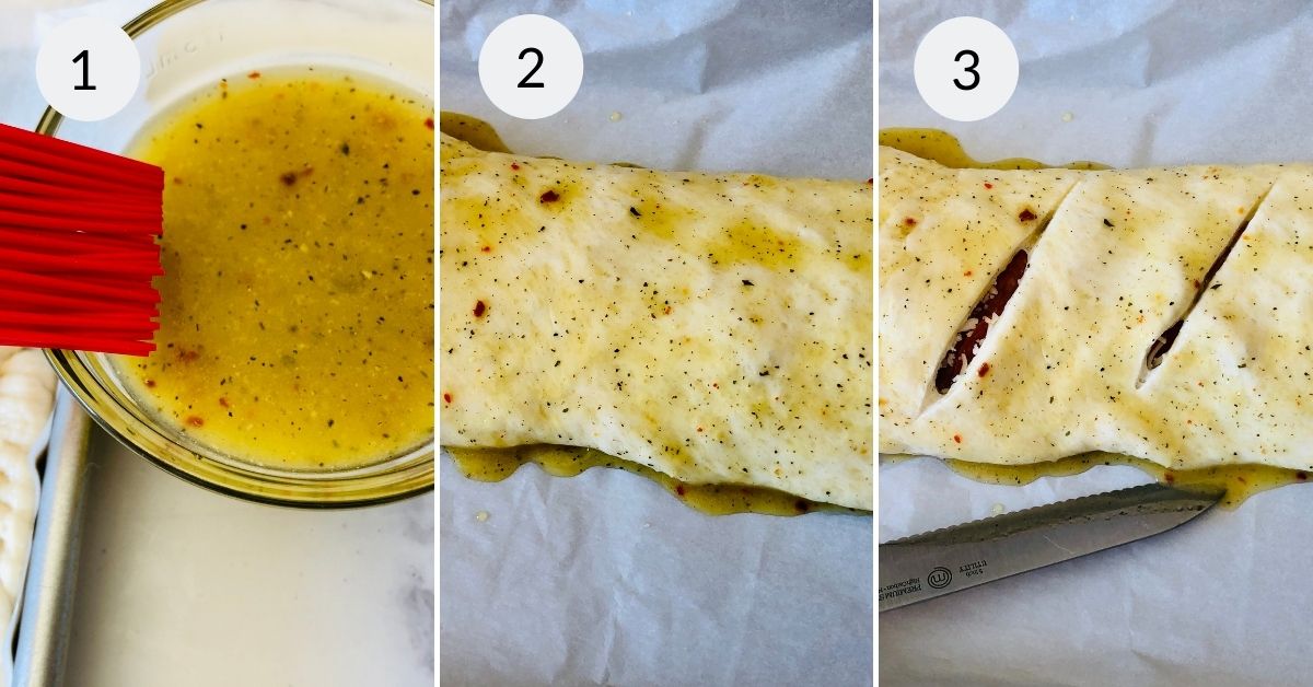 A three-part image showing Italian Stromboli-making steps: 1) a container with seasoned oil and a red brush. 2) dough coated with the oil. 3) the oiled
