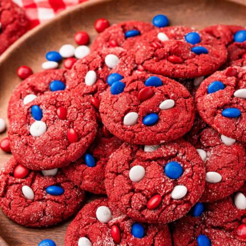 Red velvet cookies with red, white and blue M&Ms