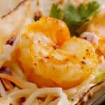 Close-up of a grilled shrimp taco topped with shredded cabbage, carrots, cilantro, and a refreshing mango salsa. Perfect for Shrimp Tacos with Mango Salsa lovers.