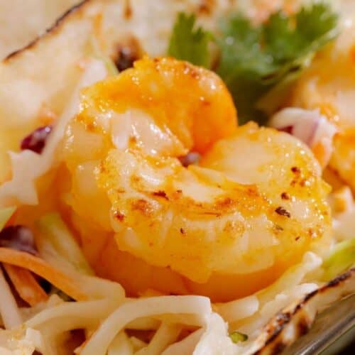 Close-up of a grilled shrimp taco topped with shredded cabbage, carrots, cilantro, and a refreshing mango salsa. Perfect for Shrimp Tacos with Mango Salsa lovers.