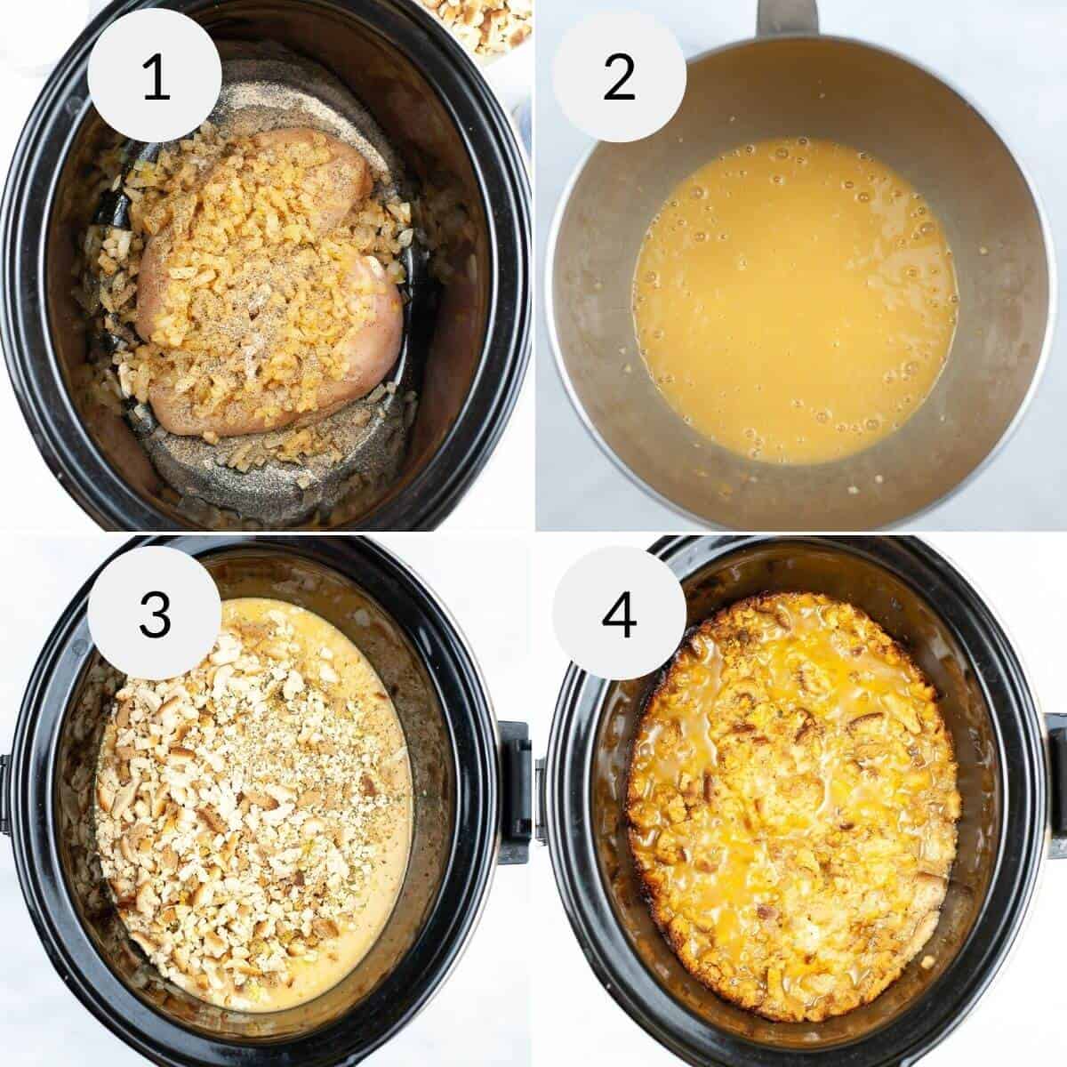 Assembling the dish in the crock pot.