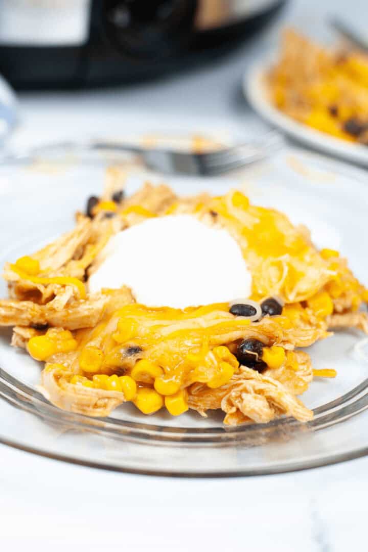 A glass plate showcasing a vibrant Slow Cooker Mexican Chicken Lasagna features layers of shredded chicken, corn, black beans, and melted cheese, topped with a dollop of sour cream. A fork awaits in the background.