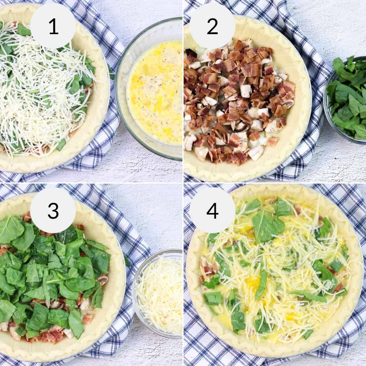 Four-step collage showing the process of  layering cheese, bacon, spinach, and pouring egg mixture into a pie crust, with ingredients in bowls nearby.