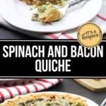 A slice of Spinach and Bacon Quiche on a white plate with a fork, topped with melted cheese; fresh bread and butter sit in the background.