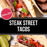 Close-up of delicious Steak Street Tacos, featuring grilled steak, diced tomatoes, onions, and cilantro wrapped in soft tortillas. Lime wedges sit enticingly on the side.
