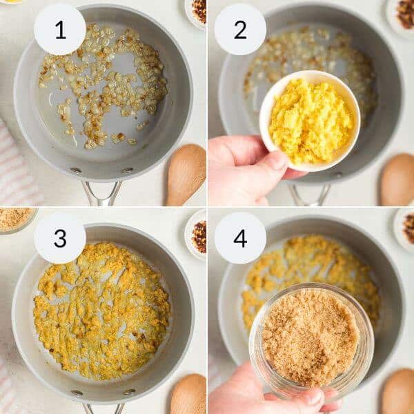 Four-step cooking process: sautéing onions in a pan (step 1), adding ginger-garlic paste (step 2), stirring the mixture (step 3), and adding brown sugar to glaze chicken on a stick (step 4). Wooden spoon and ingredients visible.