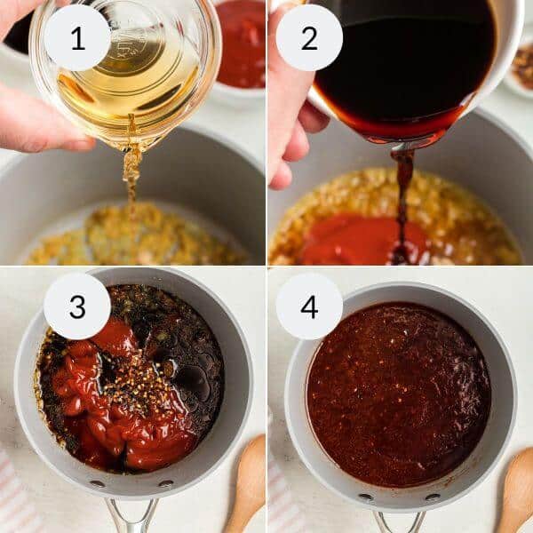 A four-step image showing the process of making a sauce for chicken on a stick: adding ingredients like apple cider vinegar (1), soy sauce (2), other condiments (3), and mixing them together in a pot (4).