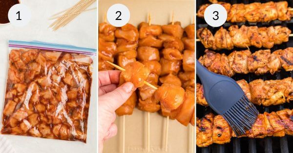 Step 1: Chicken marinating in a plastic ziplock bag. Step 2: Hand threading marinated chicken onto skewers, creating delicious chicken on a stick. Step 3: Marinated chicken skewers being brushed with sauce on a grill.