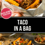 A "Taco in a Bag" dish featuring taco toppings and ground meat inside an opened snack chip bag, garnished with fresh vegetables.