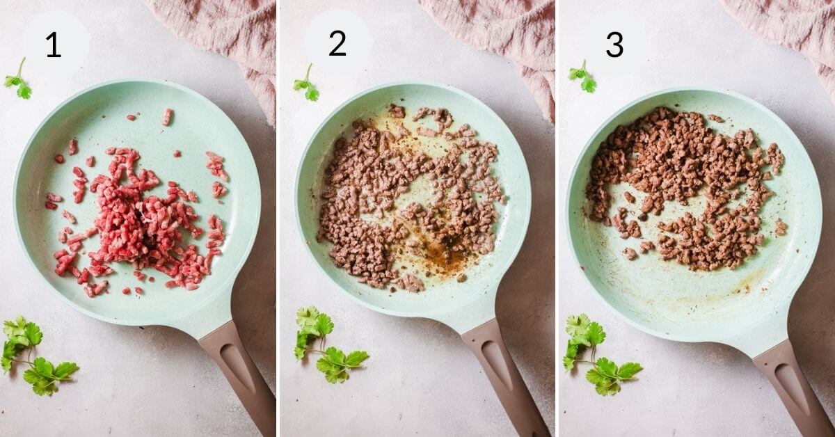 Three stages of cooking ground beef for Taco in a Bag in a skillet, showing raw, partially cooked, and fully cooked states, numbered 1 to 3.
