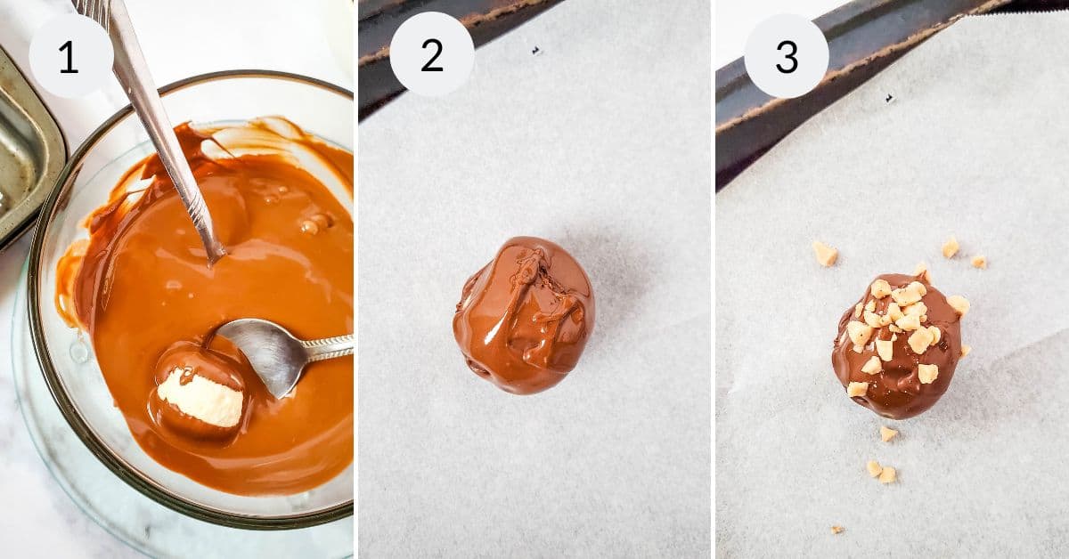 Dipping the candy in the chocolate.