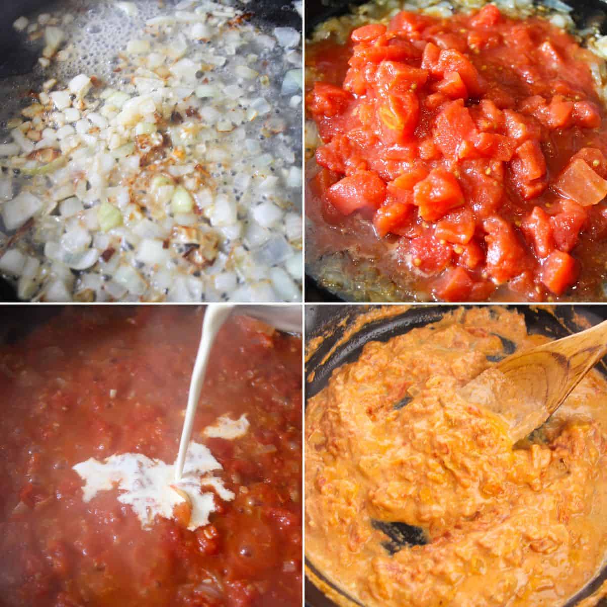 Four-step process of  sautéing onions, adding diced tomatoes, pouring in cream, and stirring into a thick mixture with a wooden spoon.