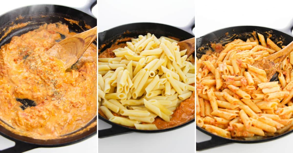 Three-step process of making a dish cooking in a pan, cooked penne pasta added to the pan, and the pasta blended together with the luscious sauce.