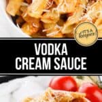 Rigatoni pasta topped with rich Vodka Cream Sauce and grated parmesan cheese, served with fresh tomatoes in the background.