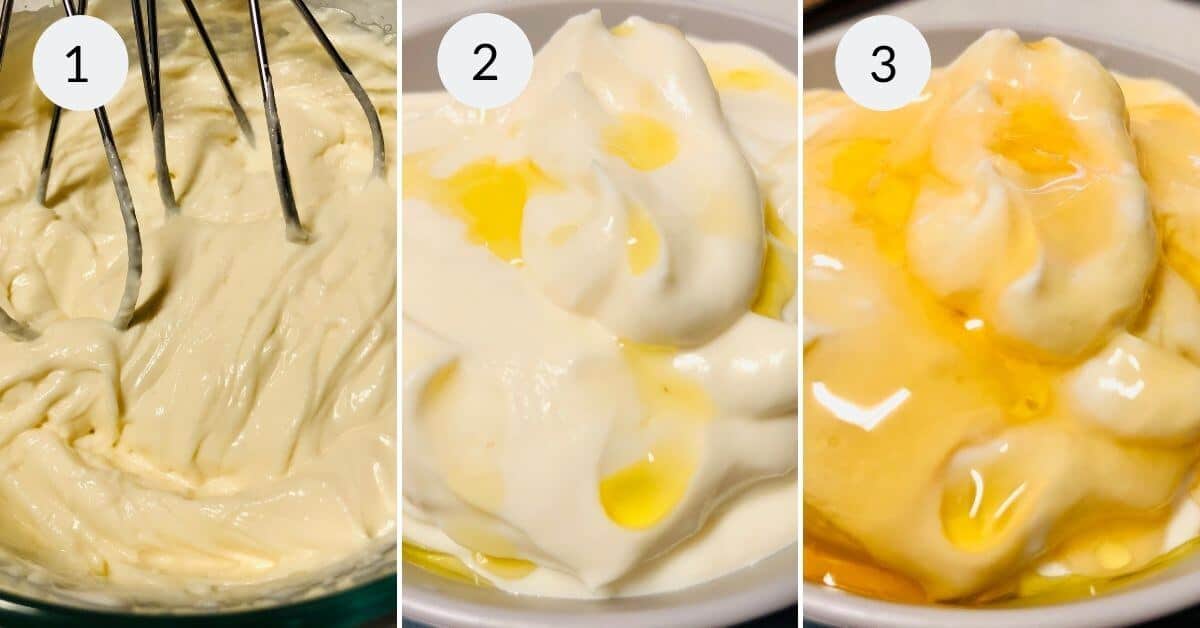 Three images showcasing the creation of mayonnaise: 1) whisking ingredients, 2) adding oil, and 3) the final product with a drizzle of oil on top. It's as satisfying as crafting a delicious Whipped Ricotta Dip.