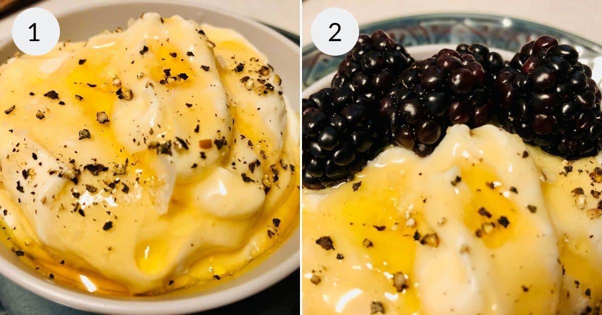 Two bowls of yogurt with honey: one infused with the subtle heat of black pepper, and the other featuring a delightful mix of blackberries and black pepper. This combination offers a twist reminiscent of a whipped ricotta dip.