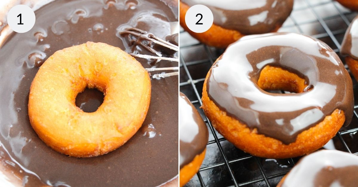 Icing the donuts in chocolate.